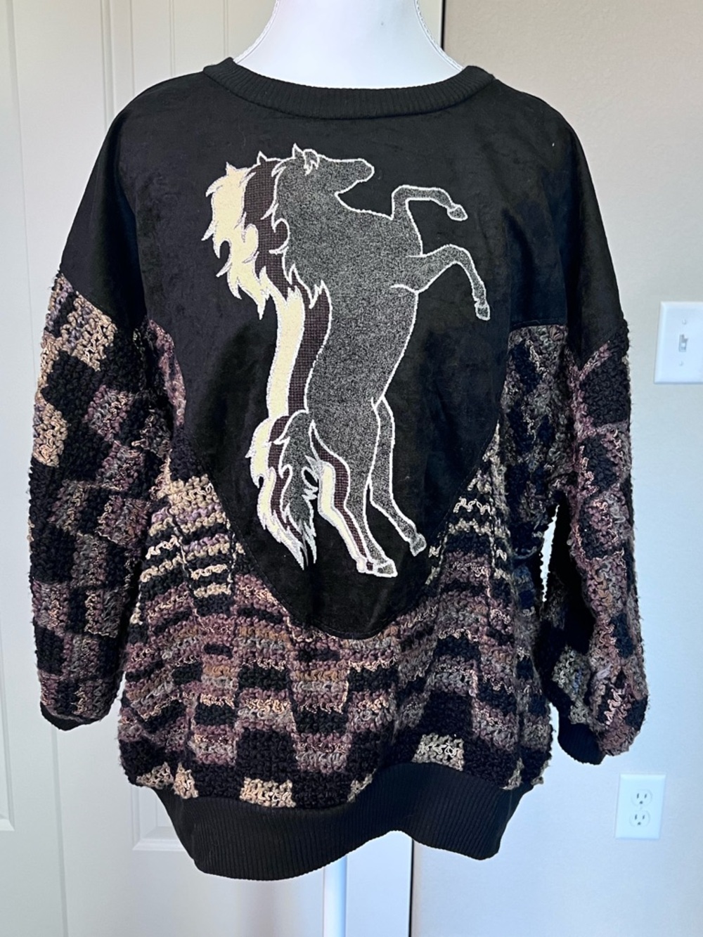 Vintage Rearing Horse Graphic Checker Sweater Miss Rodeo America Sz Large
